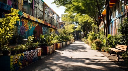 Lively urban park, walls adorned with eco-conscious graffiti