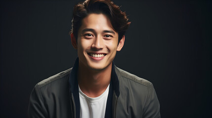 Obraz premium Portrait of a young asian man smiling posing in studio against a grey background. Smiling young handsome southeast Asian man