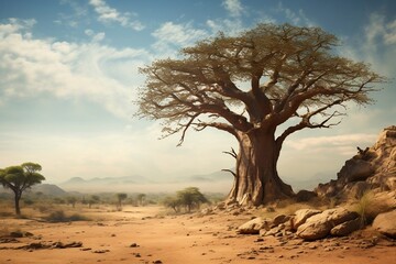 Fototapeta na wymiar African Baobab Thriving in Dusty Savanna, Generative Ai