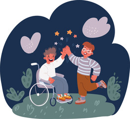 Fototapeta premium Cartoon vector illustration of Little boy in wheelchair giving each other high-five to his friend. Little kids. Friendship concept.