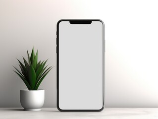 mobile phone with blank white screen. Against the background of the floor on which there are indoor plants. AI Generative.