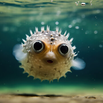 Baby Pufferfish Trying To Puff Up At Sea, Ai Art