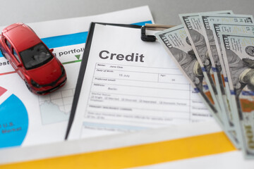 Personal loan application form excellent credit score with calculator, dollar money, and pen