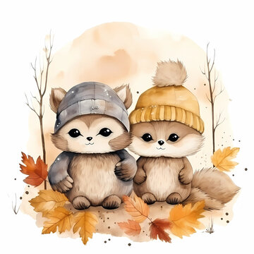 cute animals sitting in the forest with autumn leaves painted in watercolor on a white isolated background. Generative AI