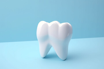 model of a healthy white tooth on a blue background with copy space, dental clinic ad