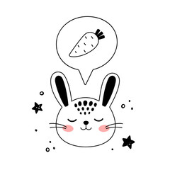 Little bunny dreamer is in doodle style. Cute cartoon Rabbit is dreaming about carrot. Hand drawn illustration. Kids design hare muzzle. Vector illustration kids coloring book