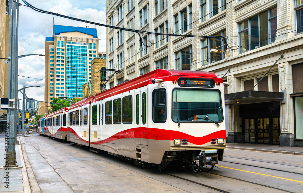 Sticker Light rail rapid transit tram in downtown Calgary - Alberta, Canada