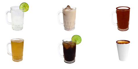  Set or collage of 6 latin american and mexican drinks on white background