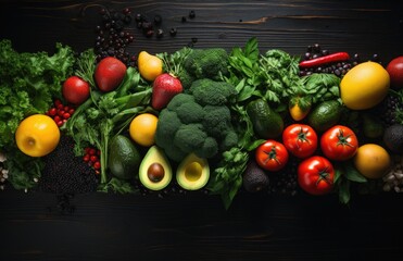 Healthy food, clean eating fruits, vegetables, seeds, superfoods, grains, cabbage, sweet potato, avocado, tomato, onion, beetroot, pepper, eggplant, artichoke, broccoli, cucumber on black background.
