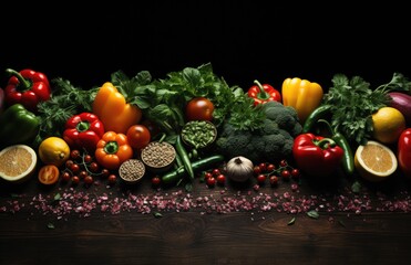 Obraz na płótnie Canvas Healthy food, clean eating fruits, vegetables, seeds, superfoods, grains, cabbage, sweet potato, avocado, tomato, onion, beetroot, pepper, eggplant, artichoke, broccoli, cucumber on black background.