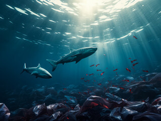 Fototapeta premium Whale made of plastic bags are swiming in the ocean. Contamination of the Oceans. Marine plastic pollution concept. Environmental pollution. Ai generative