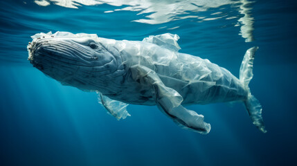 Whale made of plastic bags are swiming in the ocean. Contamination of the Oceans. Marine plastic pollution concept. Environmental pollution. Ai generative
