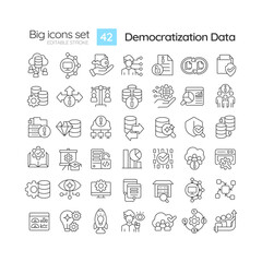 Editable black big icons set representing data democratization, isolated vector, thin line illustration.