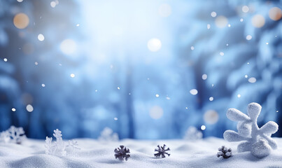 Christmas and Winter Background, Bokeh effect. Merry Christmas and a Happy New Year Greeting Card with copy space area - Generative AI - obrazy, fototapety, plakaty