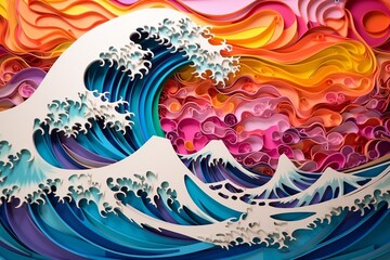 Vibrant Ocean Wave: Paper Cut Art. Generative Ai