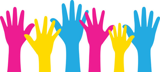 Silhouette of pink, yellow, and blue colored hands as the colors of the pansexual flag. Flat design illustration.