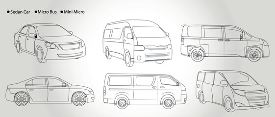 Carline drawings vector set of bus, sedan, minibus, micro, mini micro hand drawn car