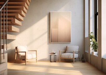 mockup interior with a poster and a floor lamp. trend color. AI Generative.