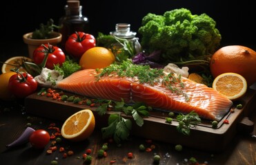 Fresh raw red salmon steak with spices, lemon, pepper, rosemary, herbs, creative pattern made of fish, flat lay, Raw fresh salmon fillet with cooking ingredients, on black background, top view