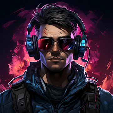 Modern game avatar. Mascot sport logo design. Gamer head illustration logo. large headphones. Male haracter for sport and gaming logo concept. Dark sci fi abstract background. Ai generative