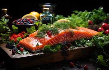 Fresh raw red salmon steak with spices, lemon, pepper, rosemary, herbs, creative pattern made of fish, flat lay, Raw fresh salmon fillet with cooking ingredients, on black background, top view