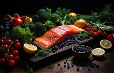 Fresh raw red salmon steak with spices, lemon, pepper, rosemary, herbs, creative pattern made of fish, flat lay, Raw fresh salmon fillet with cooking ingredients, on black background, top view