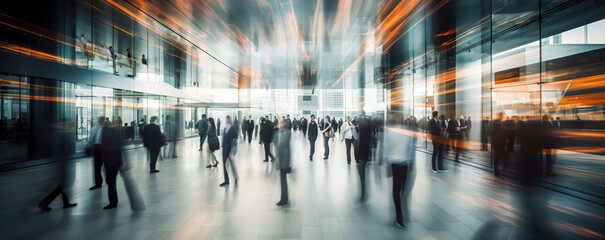 Crowd of blurred People Walking in a modern entrance. blurred business people