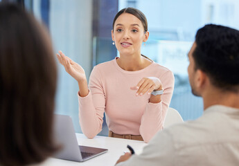 Meeting, advice and business woman with clients in b2b planning, partner collaboration and...