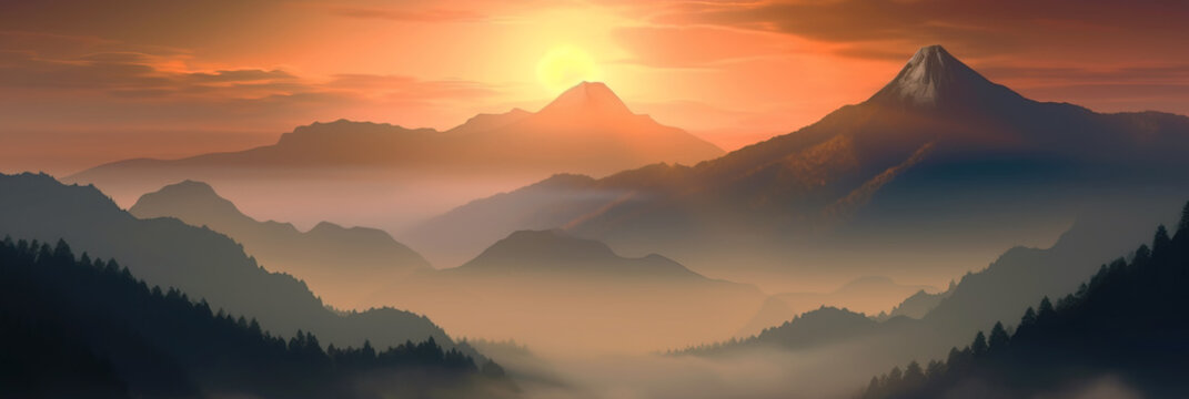 mountains landscape. Morning wood panorama, pine trees and mountains silhouettes.