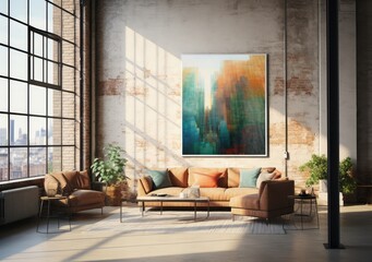Poster Mockup in a industrial interior. table and a framed poster on a white wall. AI Generative.