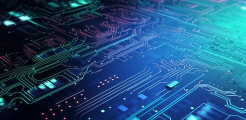 Futuristic computer circuit board background in vibrant blue and green with glowing lines and digital elements, technology concept, copy space, Generative AI