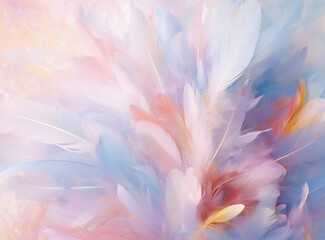 Colorful feather background on purple. Copy space. Generative AI.