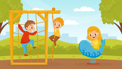Fototapeta premium Little Boy and Girl on Playground Enjoy Summer Activity Vector Illustration