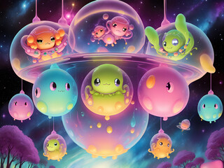 Cute Slime Creatures in Outerspace, Generative AI Illustration