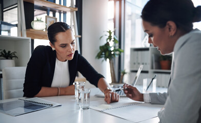 Were going over the fine print together. Cropped shot of two attractive young businesswomen filling...