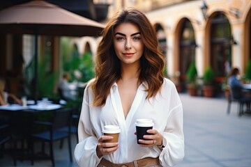 Beautiful woman in work clothes holding a coffee cup in the morning