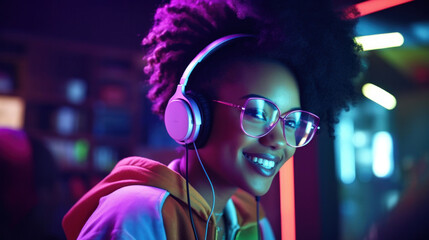 Naklejka premium Happy cool fashion funky African young black hipster lady wears trendy glasses headphones listening dance pop dj music standing in neon night club light at style party. Translation: Chicken laugh