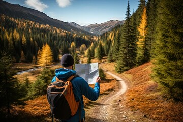 person in the mountains holding map