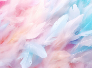 Background with decorative elements of multi-colored feathers, pink, blue, mint,purple colors. Generative AI.