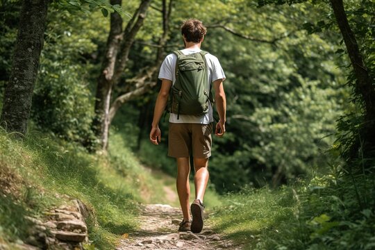 person with backpack walking in the forest