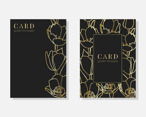 Vector set of luxury cards, templates with gold glittery flowers tulips for birthday, wedding, anniversary invitation 