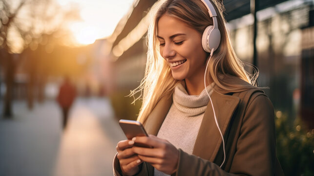 Happy young woman holding mobile phone enjoying music listening through wireless headphones on footpath