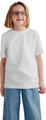 Mockup heather T-shirt on a girl with glasses, shirt png for children, front view