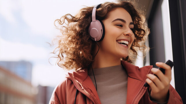 Happy young woman holding mobile phone enjoying music listening through wireless headphones on footpath