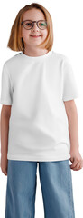 Mockup white t-shirt on a girl with glasses, shirt png for children, front view