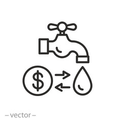 pay cost water supply icon, price or tariff volume of water, faucet with drop, thin line symbol on white background - editable stroke vector illustration eps10