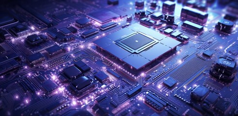 Fototapeta premium Futuristic technology background with circuit board, microchips, wires, and digital binary code, high-tech concept, copy space, Generative AI