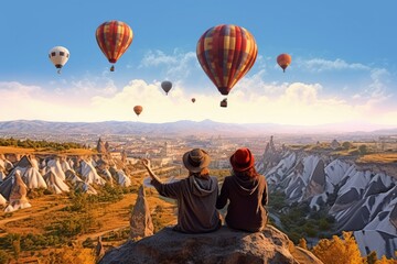 Serene Hilltop View Two People Gazing at Colorful Balloons in the Sky, Generative AI