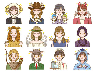 星占い　12星座の扮装をした女性