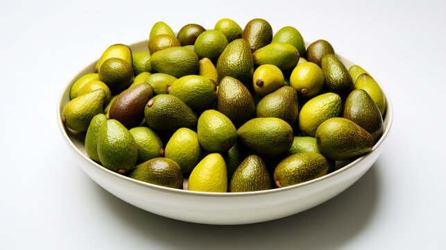Big bowl of avocados on a white background
